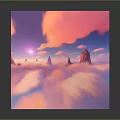 Colorful Cartoon Scene Cube With Pink Blue Clouds And Red Spire Landscapes