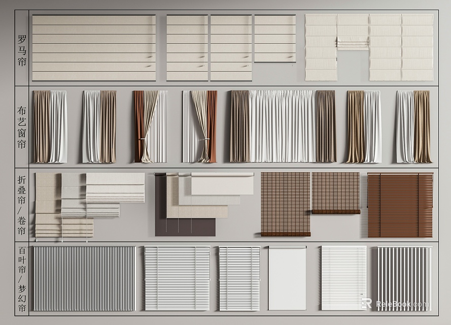 Various Styles of Curtains Including Blinds Roman Shades and Roller Designs for Home Decor 3d model 