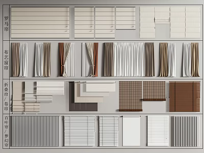 Various Styles of Curtains Including Blinds Roman Shades and Roller Designs for Home Decor 3d model