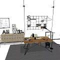 Modern Home Office Desk Setup With Grid Shelf Lamp Notebooks And Chair