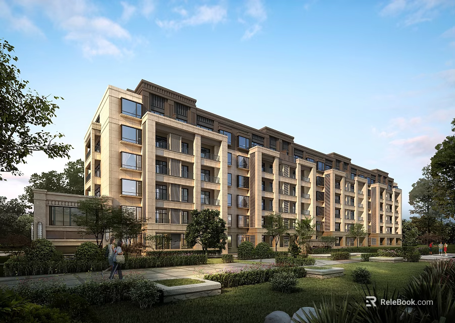 Modern Multi story Residential Building With Balconies Lush Gardens And Green Park Area 3d model 