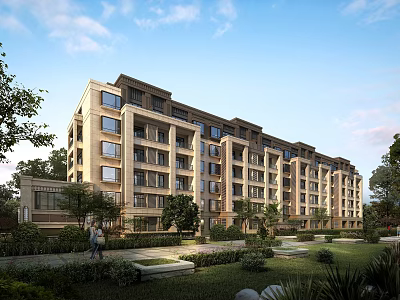 Modern Multi story Residential Building With Balconies Lush Gardens And Green Park Area 3d model