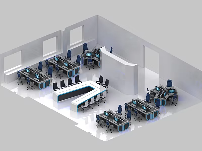 Modern Monitoring Room Interior Design With Workstations Screens And Ergonomic Chairs 3d model