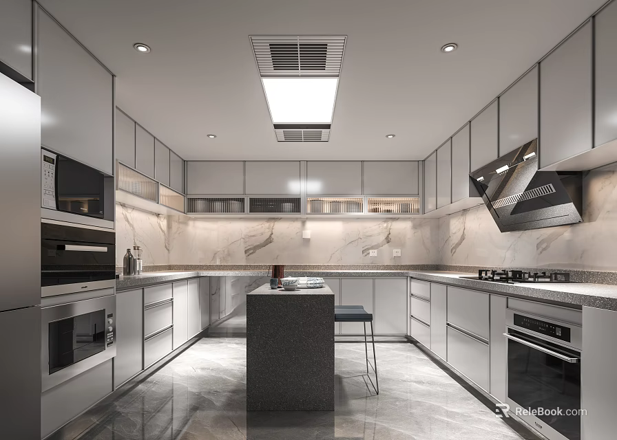 Modern Kitchen Interior With White Cabinets Marble Countertops Central Island And Built In Appliances 3d model 