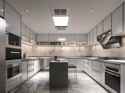 Modern Kitchen Interior With White Cabinets Marble Countertops Central Island And Built In Appliances 3d model