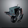 Teal Colored Robot Character With Mechanical Arm Red Cables Wheel Circular Camera And Metallic Texture