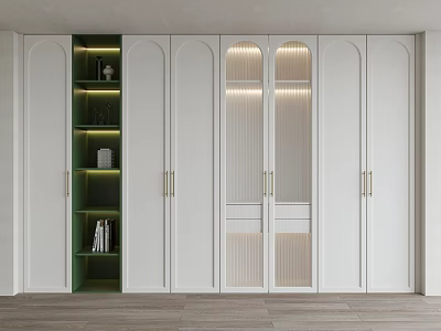Modern White Wardrobe Interior With Glass Doors Brass Handles Green Open Shelves And LED Lighting 3d model