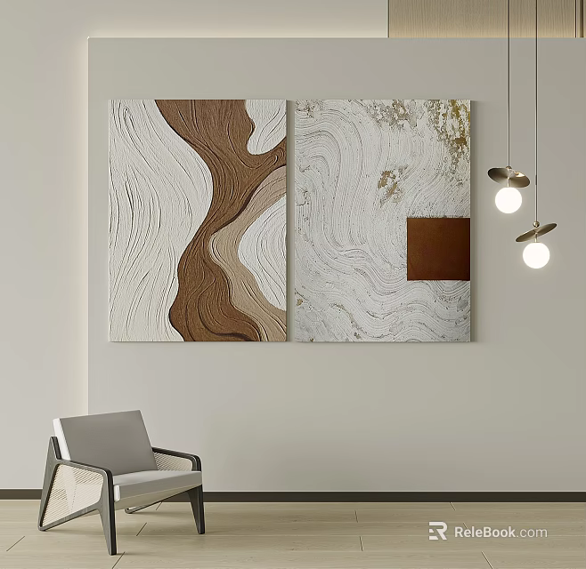 Abstract Wall Paintings With Wavy Patterns Brown Square And Modern Pendant Lights 3d model 