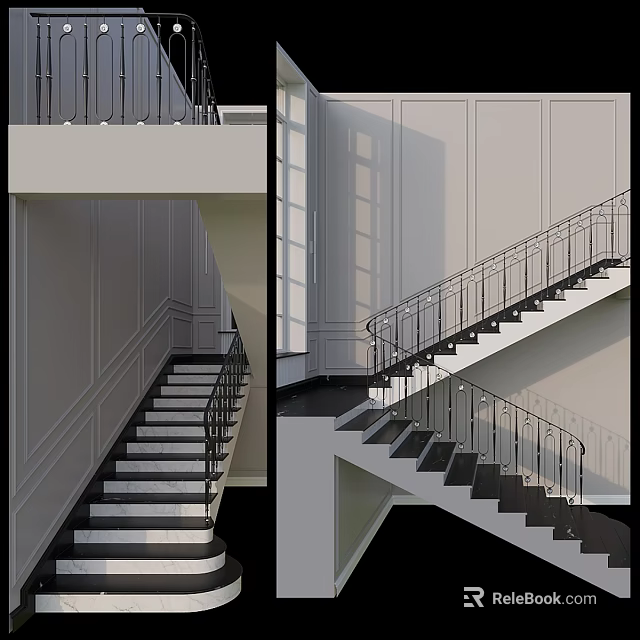 Modern Staircase Design With Metal Railings Dark Steps And White Paneled Walls 3d model 