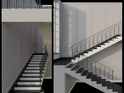 Modern Staircase Design With Metal Railings Dark Steps And White Paneled Walls 3d model