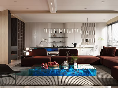 Modern Living Room Interior With Brown Sofas Blue Coffee Table And Decorative Plants 3d model