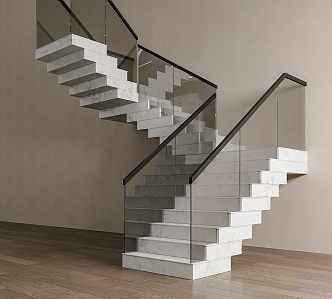 Modern Glass Handrail Stairs Corner Stairs Glass Railing Stainless Steel Handrail Marble Stairs 3d model