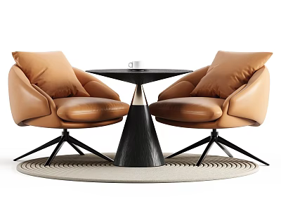Elegant Modern Brown Leather Armchairs And Round Black Table Set With Light Round Rug 3d model