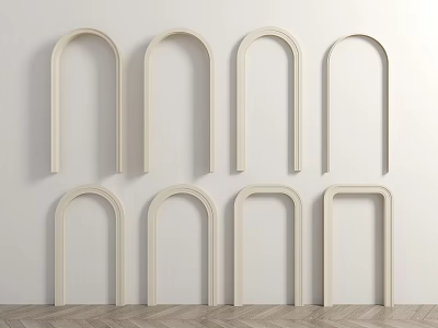 Stylish Multiple Beige Arched Door Frames Arranged On White Wall With Wooden Floor 3d model