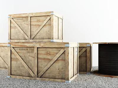 Stacked Wooden Crates With Black Cable Beside On Gravel Ground 3d model