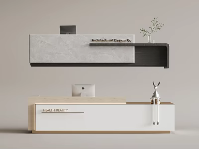 Modern Reception Desk With Wooden Countertop White Base Computer Monitor Deer Decoration And Potted Plant 3d model