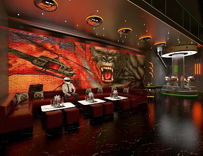 Stylish Bar Interior With Gorilla Mural Helicopter Design Red Sofas Round Ceiling Lights And Dark Flooring 3d model