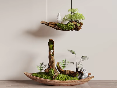 Decorative Ornament Arrangement with Hanging Wooden Log Moss Plants White Ornament and Wooden Boat Base 3d model