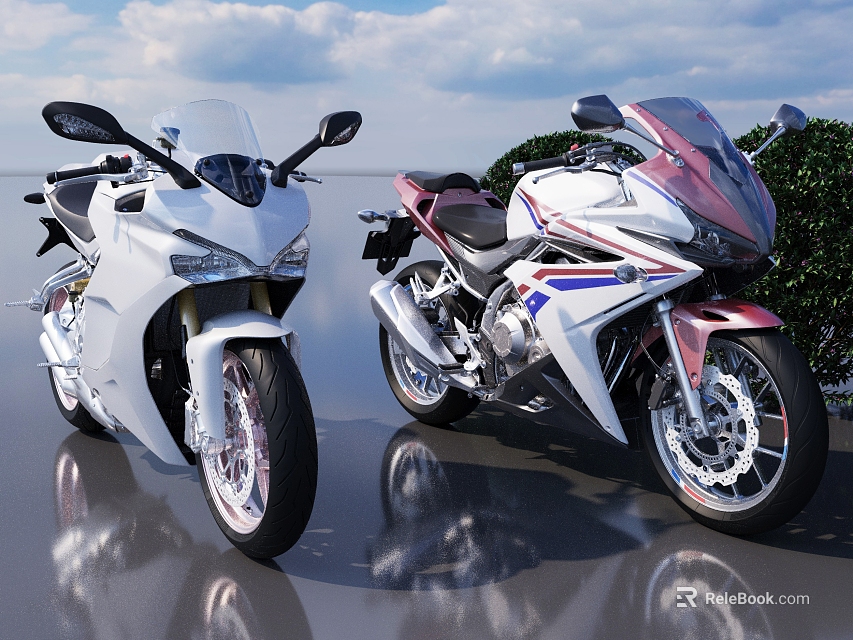Two Stylish Motorcycles Parked On Shiny Smooth Ground With Blue Sky And Green Bushes 3d model 