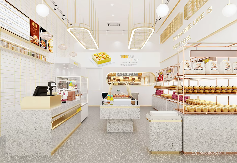Modern Dessert Shop Interior With Display Cases Fresh Pastries And Pendant Lights 3d model