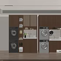 Laundry Room Interior With Stacked Washing Machines Dryers And Storage Cabinets