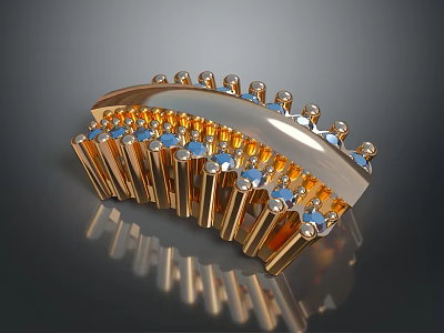 Golden Hair Clip With Blue Gemstones Decorative Crystal Accents Fashion Accessory 3d model