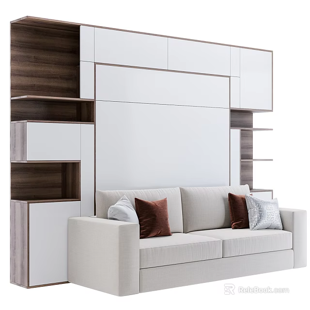 Beige Two Seater Sofa With Cushions And Wooden White Storage Cabinet In Modern Living Room 3d model 