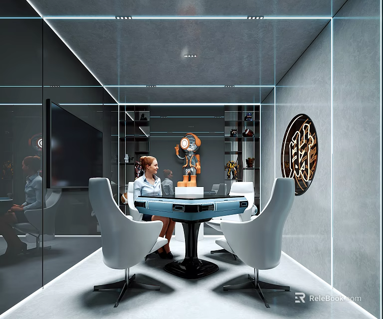 Hotel Mahjong Room Modern Interior Design With Glass Walls White Chairs And Circular Emblem 3d model 