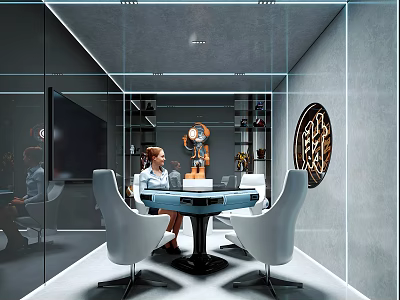 Hotel Mahjong Room Modern Interior Design With Glass Walls White Chairs And Circular Emblem 3d model