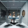 Hotel Mahjong Room Modern Interior Design With Glass Walls White Chairs And Circular Emblem