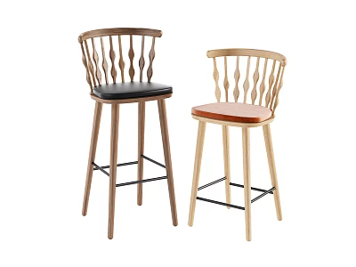 Modern Bar Stools With Slatted Back Wooden Frame And Black Brown Seats 3d model