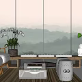 Zen Sofa Coffee Table Set With Wooden Elements Potted Orchid Buddha Statue And Mountain View