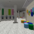 Interior of Service Hall with Waiting Area Comfortable Chairs White Columns and Geometric Ceiling Design
