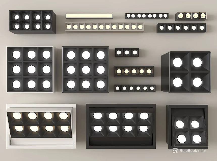 Various Styles Of Modern Downlights And Spotlights With Grid Bar Arranged Designs 3d model 
