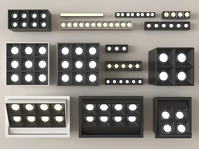 Various Styles Of Modern Downlights And Spotlights With Grid Bar Arranged Designs 3d model