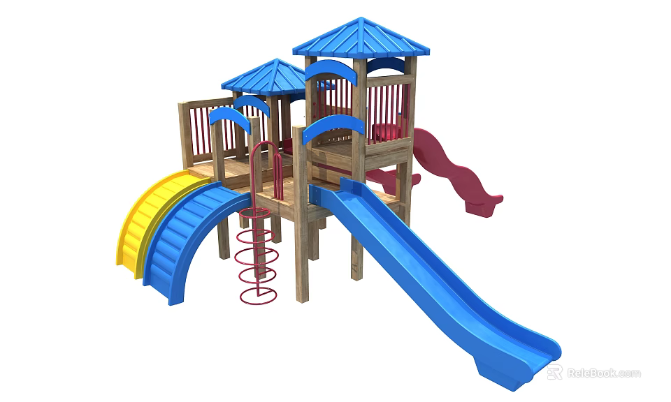 Wooden Outdoor Playground Equipment With Blue Canopy Colorful Slides And Red Spiral Slide 3d model 