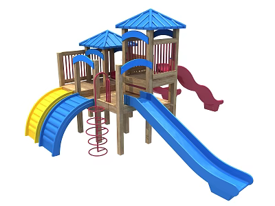 Wooden Outdoor Playground Equipment With Blue Canopy Colorful Slides And Red Spiral Slide 3d model