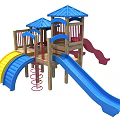 Wooden Outdoor Playground Equipment With Blue Canopy Colorful Slides And Red Spiral Slide