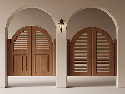Traditional Arched Doorway Design With Wooden Louvered Doors And Wall Lantern 3d model