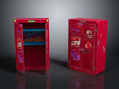 Vintage Red Lockers With Graffiti Art Open Door And Shelves Inside 3d model