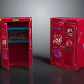 Vintage Red Lockers With Graffiti Art Open Door And Shelves Inside