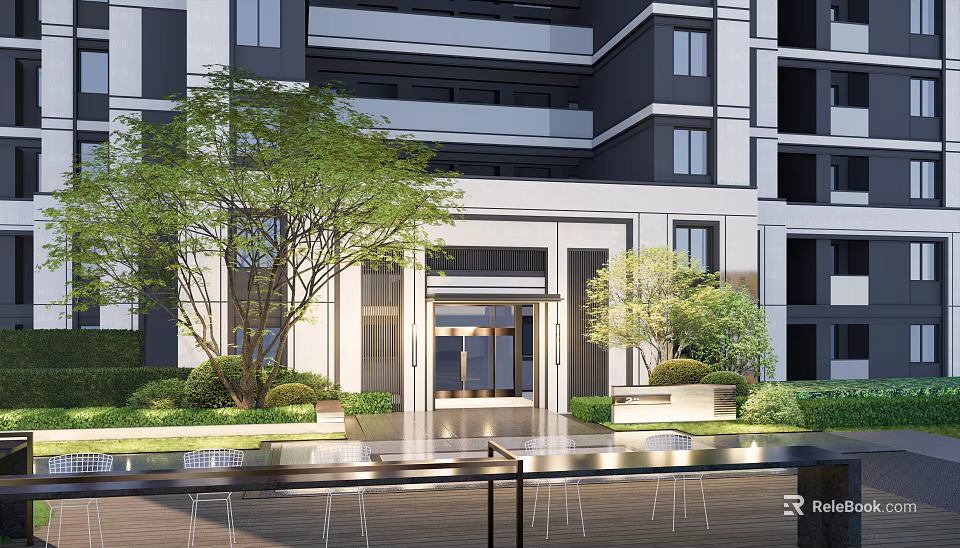 Modern Residential Entrance Gate Design With Lush Greenery And Building Exterior 3d model 