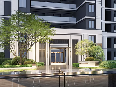 Modern Residential Entrance Gate Design With Lush Greenery And Building Exterior 3d model