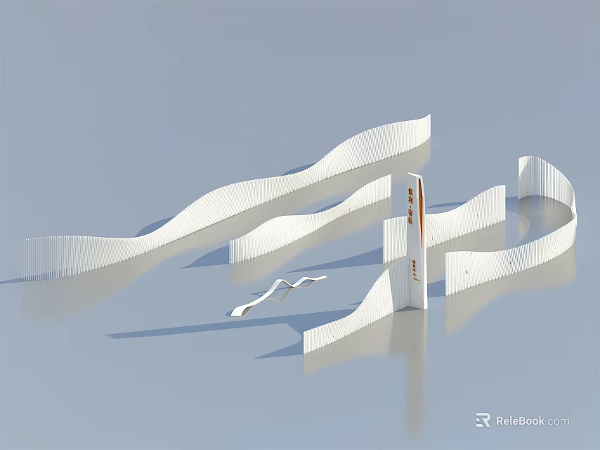 Modern White Feature Wall With Wavy Curved Design And Vertical Signage 3d model 