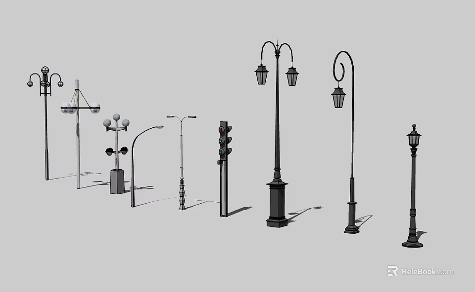Different Styles of Outdoor Lights Including Street Lamps and Garden Decorative Posts 3d model 
