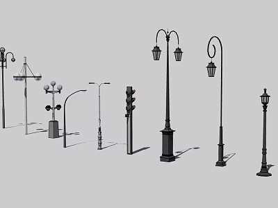 Different Styles of Outdoor Lights Including Street Lamps and Garden Decorative Posts 3d model
