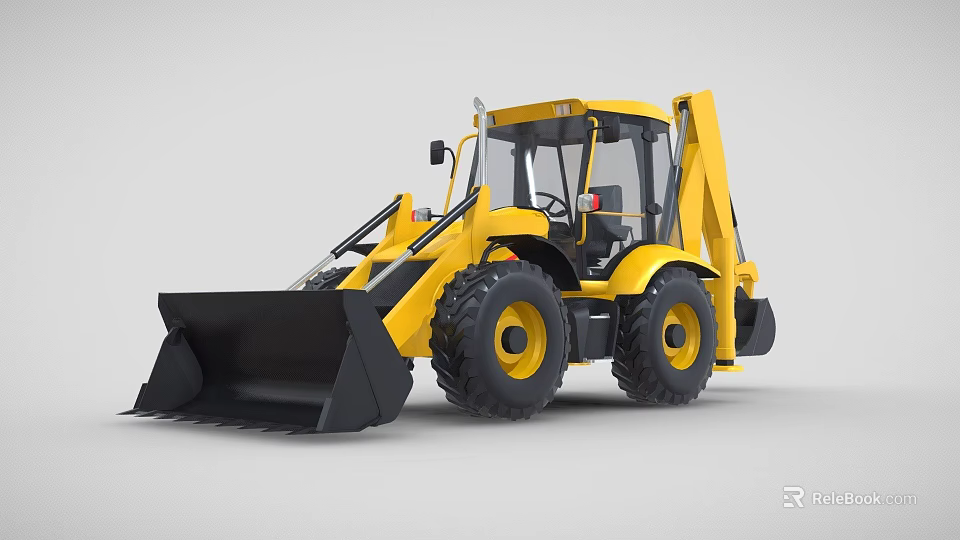 Yellow Backhoe Loader With Front Bucket Backhoe Arm Cab And Large Tires 3d model
