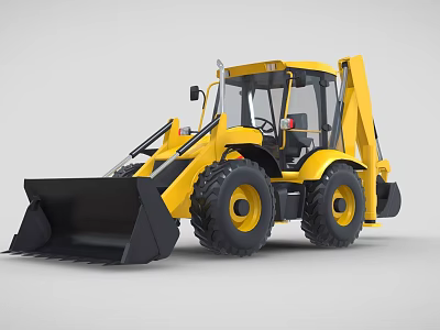 Yellow Backhoe Loader With Front Bucket Backhoe Arm Cab And Large Tires 3d model