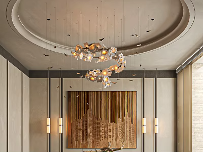 Elegant Restaurant Interior with Circular Ceiling Modern Chandelier Vertical Striped Walls and Wall Sconces 3d model