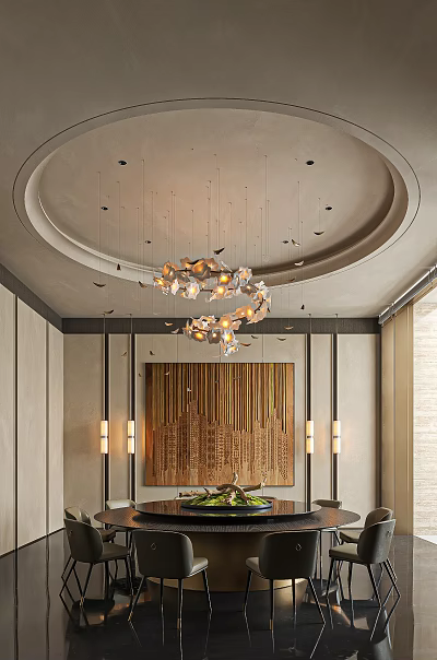 Elegant Restaurant Interior with Circular Ceiling Modern Chandelier Vertical Striped Walls and Wall Sconces 3d model